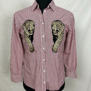 Zoe Karssen Leopards Sewn on Red White Pinstripe Long Sleeve Button Up Size S